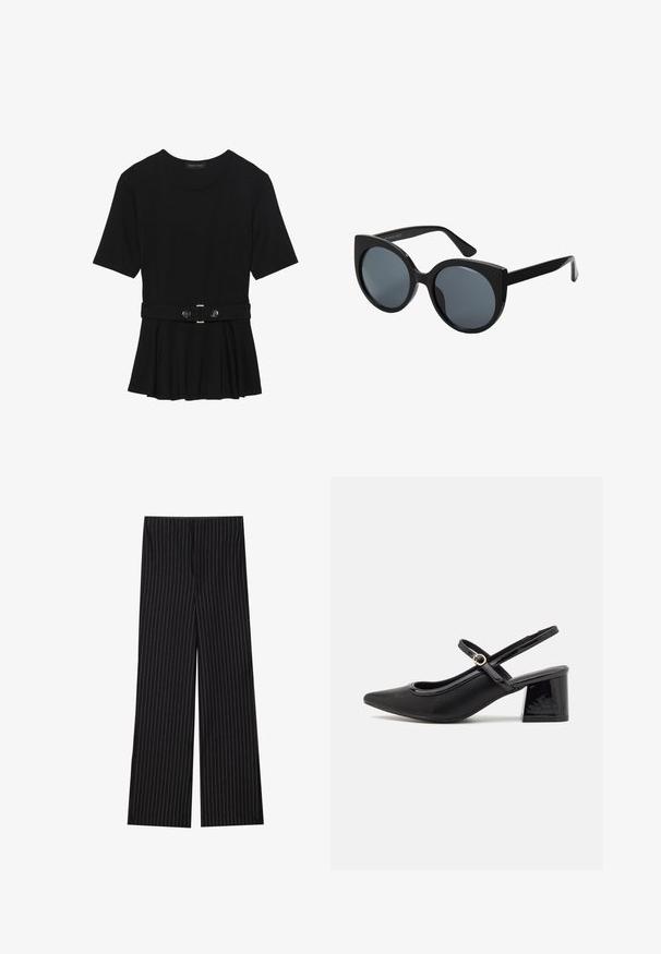 Musta lyhythihainen paita, joka on valmistettu sileästä materiaalista ja jossa on peplum-muotoilu sekä vyötäröllä vyö, jossa on kaksi pyöreää hopeanväristä nappia.; Musta leveälahkeinen housut valkoisilla pystypinnoilla, joissa on sileä pinta ja räätälöity muotoilu, täydellisiä muodolliseen tai liiketilaisuuteen.; Musta lakattu nahka slingback-korkokengät, joissa on terävä kärki, pyöreä aukko-muotoilu ja lohkokorko. Varustettu kultasävyisellä solkiyksityiskohdalla.; Mustat ylipainoiset aurinkolasit, joissa on kissansilmämuoto, tummennetut linssit ja kiiltävä muovikehys. Ominaisuuksiin kuuluvat paksut reunaosat tuen tarjoamiseksi.; Musta käsilaukku, jossa on rakenteellinen muoto, sileä pinta ja metallinen solki. Yhdistetty leveisiin mustiin housuihin ja avonaiheisiin sandaaleihin puulattialla.
