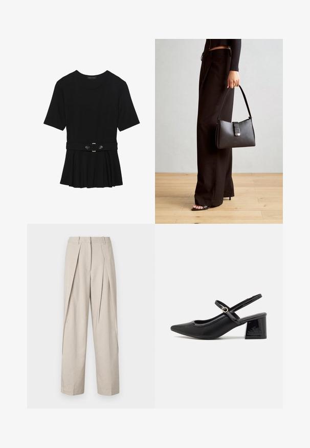 Melnas īsām piedurknēm topiņš, izgatavots no gludas materiāla, ar pepluma dizainu un jostu ar divām apaļām sudraba krāsas pogām.; Beige pielēti bikses ar platiem uzvārstkiem, gludu tekstūru un plecus priekšu. Iekļauj klasisku jostasvīru un sānu kabatas.; Melns patentēts ādas sandales ar norādīta pirksta formu, noapaļotu izgriezuma dizainu un bloķētu papēdi. Iezīmēta ar zelta toņa sprādzi.; Melnā somiņa ar strukturētu formu, gludu tekstūru un metālu sprādzi. Saskaņota ar platām melnām biksēm un sandālēm ar atvērtu purngalu uz koka grīdas.