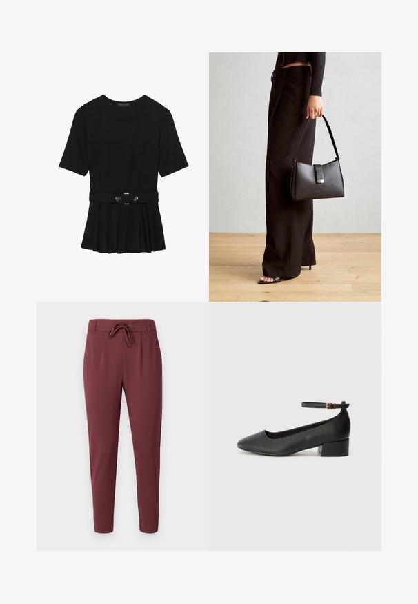 Must mustriga lühikeste varrukatega tipp, valmistatud siledast materjalist, millel on peplum-disain ja vöödiga talje, millel on kaks ümmargust, hõbedase tooni nuppu.; Burgundia värvi elastsete pükste kinnitamine, millel on reguleeritav nöör, kitsenevad säärte ja sile, pehme kangastekstsuur. Esiküljel on voldid, mis annavad ametliku ilme.; Must mustaapp, millel on terav nina ja madal blokk-kand. Omab pahkluu rihma koos kuldse tooni pandlaga. Sile tekstuur.; Must musta kott, millel on struktureeritud kuju, sile tekstuur ja metallist klamber. Kombineeritud laiate mustade pükstega ja avatud varvaste sandaalidega puidust põrandal.