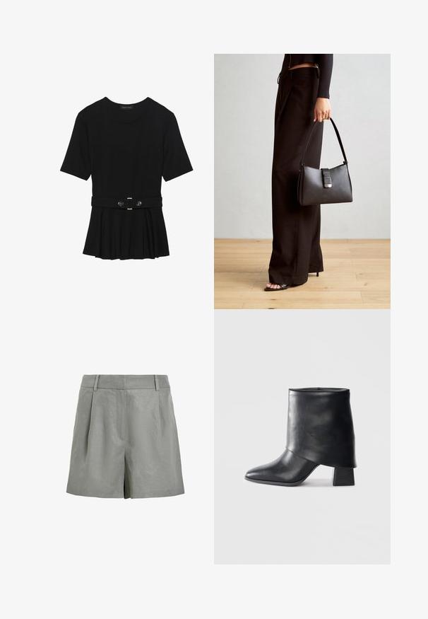 Haut noir à manches courtes fabriqué en matériau lisse, avec un design peplum et une taille ceinturée ornée de deux boutons ronds en métal argenté.; Shorts gris clair en tissu texturé, avec un devant plat, deux plis à l'avant et une taille mi-haute sans fermetures visibles.; Bottine en cuir noir à bout pointu, texture lisse et talon bloc structuré. Elle se distingue par un design de revers haut et plié.; Sac à main noir à la forme structurée, texture lisse et fermoir métallique. Associé à un pantalon noir ample et des sandales ouvertes sur un sol en bois.