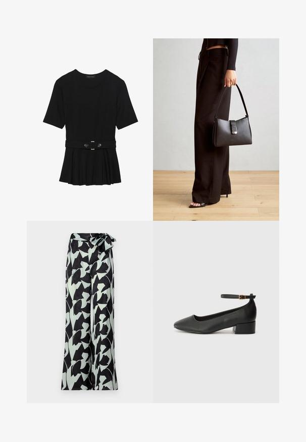 Top preto de mangas curtas, feito de material suave, com design peplum e uma cintura cinto com dois botões redondos em tom prateado.; Calças largas em preto com padrões florais abstratos em verde menta. Apresentam uma cintura alta com um cinto amarrado para ajuste.; Sandal de pele preta com bico pontiagudo e um salto bloco baixo. Apresenta uma tira no tornozelo com uma fivela em tom dourado. Textura suave.; Bolsa preta com forma estruturada, textura suave e um fecho metálico. Combinada com calças largas pretas e sandálias de salto aberto sobre um chão de madeira.