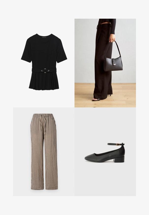 Μαύρη κοντομάνικη μπλούζα από λεία ύφανση, με σχέδιο peplum και ζωνάκι στη μέση, διακοσμημένο με δύο στρογγυρά, ασημί κουμπιά.; Κάπρι παντελόνι με ρίγες σε μπεζ χρώμα με κάθετες ναυτικές ρίγες. Περιλαμβάνει ελαστική μέση με κορδόνι και πλάγιες τσέπες. Μαλακή υφή υφάσματος.; Μαύρο δερμάτινο τακούνι με μυτερή μύτη και χαμηλό τετράγωνο τακούνι. Διαθέτει λουράκι στον αστράγαλο με χρυσό τόνο πόρπη. Λείο υφή.; Μαύρη τσάντα χειρός με δομημένο σχήμα, λεία υφή και μεταλλικό κούμπωμα. Συνδυασμένη με φαρδιά μαύρα παντελόνια και σανδάλια ανοιχτής μύτης πάνω σε ξύλινο πάτωμα.