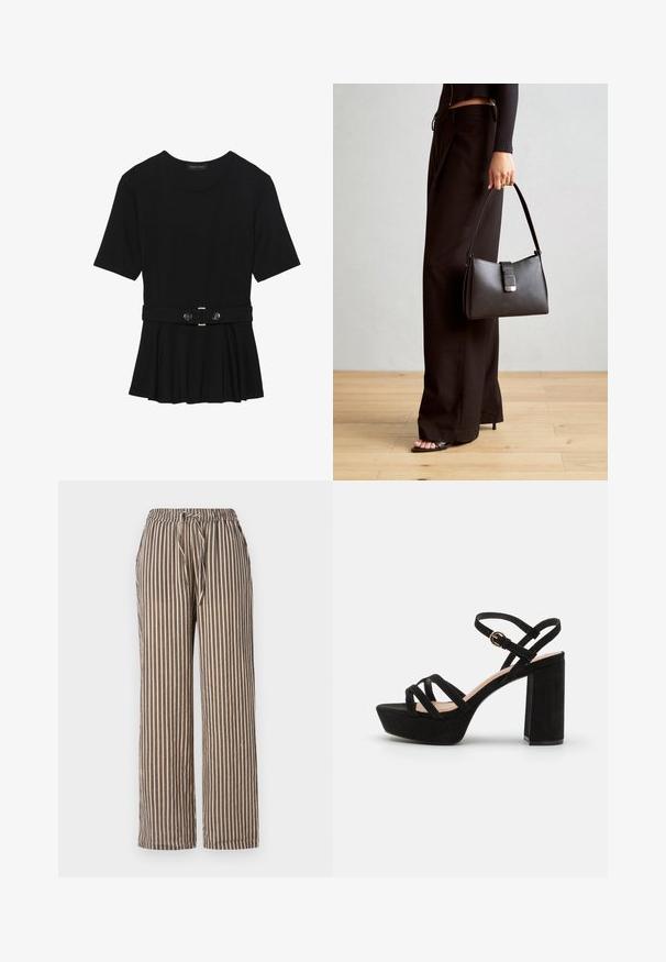 Must mustriga lühikeste varrukatega tipp, valmistatud siledast materjalist, millel on peplum-disain ja vöödiga talje, millel on kaks ümmargust, hõbedase tooni nuppu.; Beezid triibuga lai jalad püksid, millel on tumesinised vertikaalsed triibud. Omab elastset vöökohta reguleeritava nööriga ja küljetaskuid. Pehme kangastekstuuri.; Mustadest sametist platvormsandaalid, millel on plokknina, ristuvad rihmad ja lukustatav pahkluu rihm turvaliseks sobivuseks.; Must musta kott, millel on struktureeritud kuju, sile tekstuur ja metallist klamber. Kombineeritud laiate mustade pükstega ja avatud varvaste sandaalidega puidust põrandal.