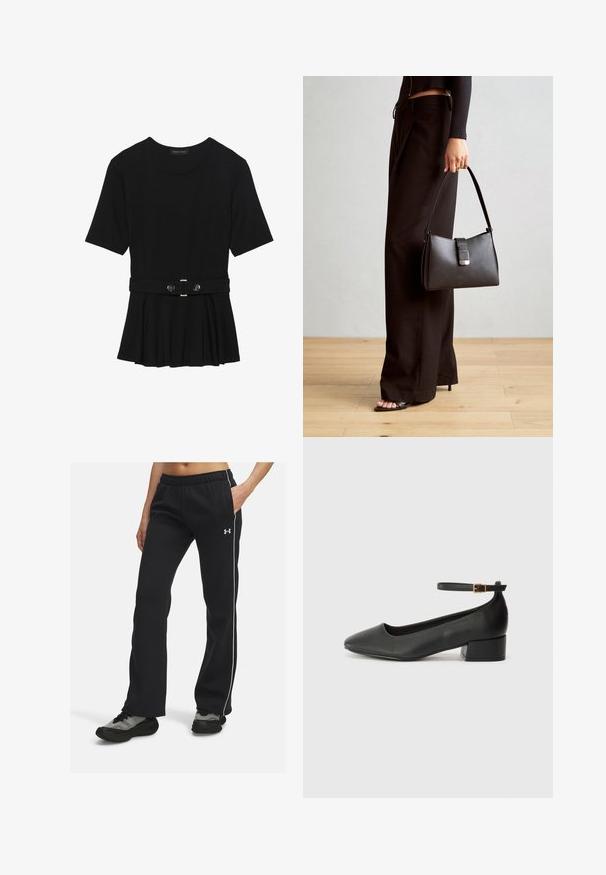 Black short-sleeve top made of smooth material, featuring a peplum design and a belted waist with two round, silver-tone buttons.; Black athletic pants with an elastic waistband, white side stripes, and soft fabric. Paired with dark, patterned sneakers.; Black leather pump with a pointed toe and a low block heel. Features an ankle strap with a gold-tone buckle. Smooth texture.; Black handbag with structured shape, smooth texture, and a metallic clasp. Paired with wide black pants and open-toe sandals on wooden floor.