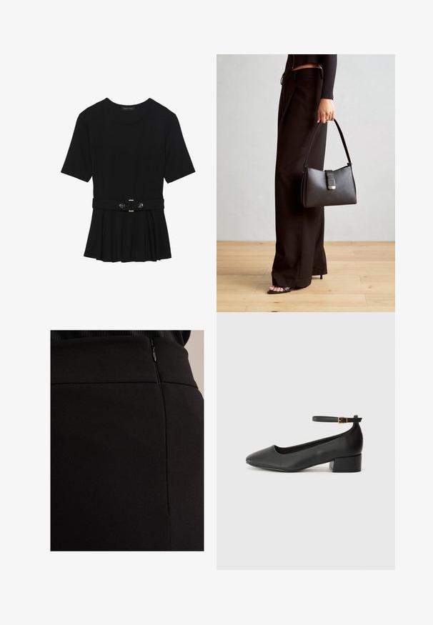 Čierny krátky rukáv top vyrobený z hladkého materiálu, so strihom peplum a opaskom v páse so syntetickými guľatými striebornými gombíkmi.; Čierna sukňa s textúrovanou tkaninou, s skrytým zipsom na boku a hladkým pásom pre elegantný vzhľad.; Čierne kožené lodičky s špicatou špičkou a nízkym blokovým podpätkom. Obsahuje remienok okolo členka so zlatým prackou. Hladký povrch.; Čierna kabelka so štruktúrovaným tvarom, hladkou textúrou a kovovou sponou. V kombinácii so širokými čiernymi nohavicami a sandálmi s otvorenou špičkou na drevenej podlahe.