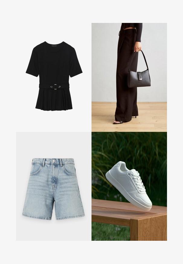 Musta lyhythihainen paita, joka on valmistettu sileästä materiaalista ja jossa on peplum-muotoilu sekä vyötäröllä vyö, jossa on kaksi pyöreää hopeanväristä nappia.; Vaaleansiniset farkkushortsit, joissa on korkea vyötärö, viiden taskun muotoilu ja raaka helma. Kankaassa on hieno haalistuma ja näkyvät ompeluyksityiskohdat.; Valkoiset tennarit, joissa on sileä synteettinen päällinen, rei'itetty varvasosa, litteät nauhat ja teksturoitu pohja, esillä puupinnalla.; Musta käsilaukku, jossa on rakenteellinen muoto, sileä pinta ja metallinen solki. Yhdistetty leveisiin mustiin housuihin ja avonaiheisiin sandaaleihin puulattialla.
