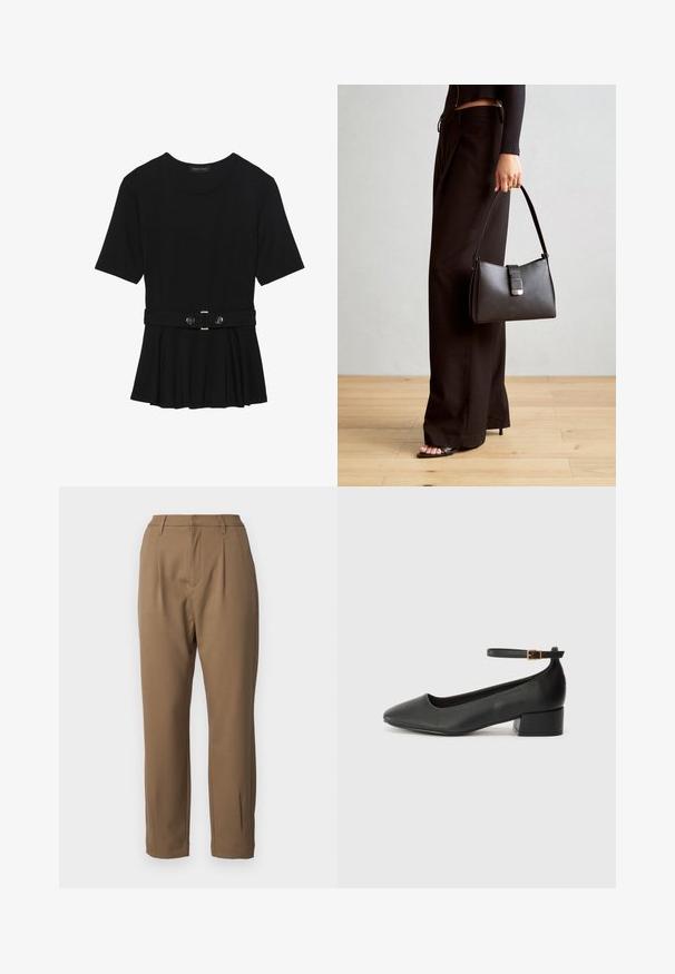 Top negru cu mâneci scurte, realizat dintr-un material neted, cu un design peplum și o talie beltată cu două butoane rotunde de culoare argintie.; Pantaloni maro dintr-o țesătură fină, cu o croială ajustată, pliuri în față și picioare drepte, având buzunare laterale.; Pantof cu toc negru din piele, cu vârf ascuțit și toc mic pătrat. Dispune de o curea la gleznă cu o cataramă în tonuri de aur. Textură netedă.; Genți negre cu o formă structurată, textură netedă și un închizător metalic. Asortată cu pantaloni negri largi și sandale cu vârf deschis pe un podea din lemn.