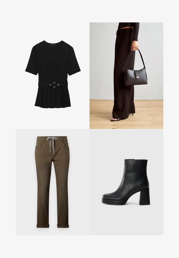 Sort kortærmet top lavet af glat materiale, med en peplum-design og en bælte i taljen med to runde, sølvfarvede knapper.; Brune afslappede bukser lavet af glat materiale, med en snøre i taljen med hvide accenter, fem lommer og opsmøget ben.; Sort læder ankelstøvle med blokhæl og platformssål, set fra siden på en ensfarvet hvid baggrund.; Sort håndtaske med struktureret form, glat overflade og metalspænde. Sammen med brede sorte bukser og sandaler med åben tå på trægulv.