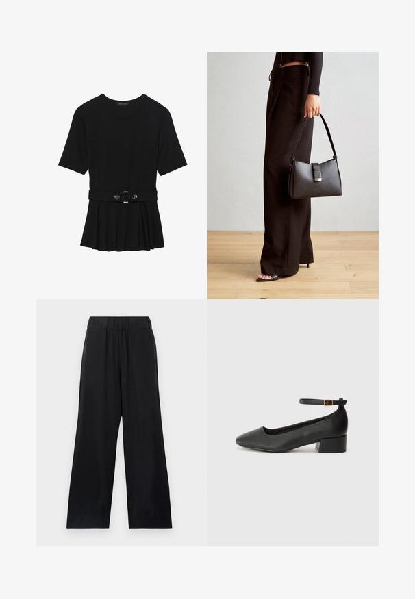 Μαύρη κοντομάνικη μπλούζα από λεία ύφανση, με σχέδιο peplum και ζωνάκι στη μέση, διακοσμημένο με δύο στρογγυρά, ασημί κουμπιά.; Μαύροι παντελόνια με φαρδιά πόδια, κατασκευασμένα από λείο ύφασμα, με ελαστική μέση και χωρίς ορατούς κλειστούς ή μοτίβα.; Μαύρο δερμάτινο τακούνι με μυτερή μύτη και χαμηλό τετράγωνο τακούνι. Διαθέτει λουράκι στον αστράγαλο με χρυσό τόνο πόρπη. Λείο υφή.; Μαύρη τσάντα χειρός με δομημένο σχήμα, λεία υφή και μεταλλικό κούμπωμα. Συνδυασμένη με φαρδιά μαύρα παντελόνια και σανδάλια ανοιχτής μύτης πάνω σε ξύλινο πάτωμα.