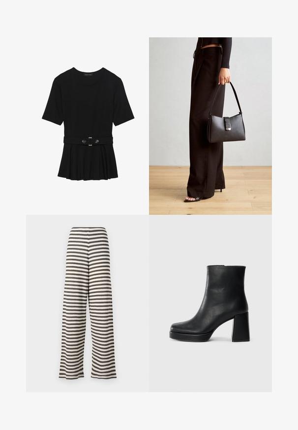 Top corto nero a maniche corte realizzato in materiale liscio, con design peplum e vita cintata adornata da due bottoni tondi in tono argento.; Pantaloni a gamba larga con una fantasia a righe bianco e nere, caratterizzati da una superficie testurizzata e una vita elastica per il massimo comfort.; Stivale alla caviglia in pelle nera con tacco a blocco e suola platform, visto di lato su uno sfondo bianco uniforme.; Borsa nera con forma strutturata, texture liscia e una chiusura metallica. Abbinata a pantaloni neri larghi e sandali open-toe su un pavimento in legno.