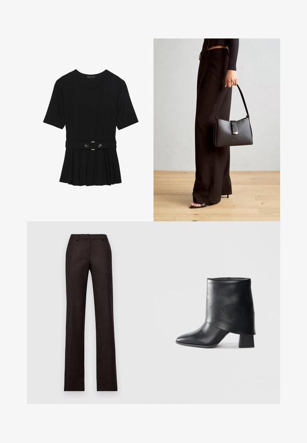 Črn kratek rokav srajca iz gladkega materiala, z obliko pepluma in pasom s pasom ter dvema okroglega srebrno-toniranima gumboma.; Prilagojeni črni hlače s ravnim krojem, izdelani iz gladkega materiala, ki vključuje stiskane gube in klasičen dizajn pasu.; Črne usnjene gležnjarje z izostrenim prstom, gladko teksturo in trdnimi blokastimi petami. Imajo visok, zložen manšeti.; Črna torbica z strukturirano obliko, gladko teksturo in kovinskim zaponko. Ujemajo se z širokimi črnimi hlačami in odprtimi sandali na lesenem tleh.