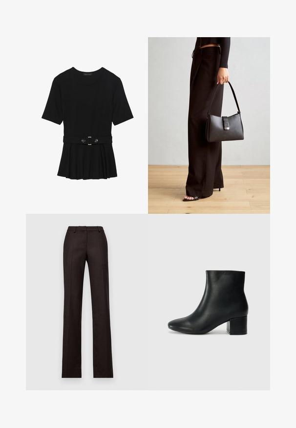 Top preto de mangas curtas, feito de material suave, com design peplum e uma cintura cinto com dois botões redondos em tom prateado.; Calças pretas ajustadas com um corte reto, feitas de um tecido suave com pregas prensadas e um design de cós clássico.; Botas de tornozelo em pele preta com bico pontiagudo e um salto robusto. Textura suave com acentos mínimos e um design ajustado e elegante.; Bolsa preta com forma estruturada, textura suave e um fecho metálico. Combinada com calças largas pretas e sandálias de salto aberto sobre um chão de madeira.