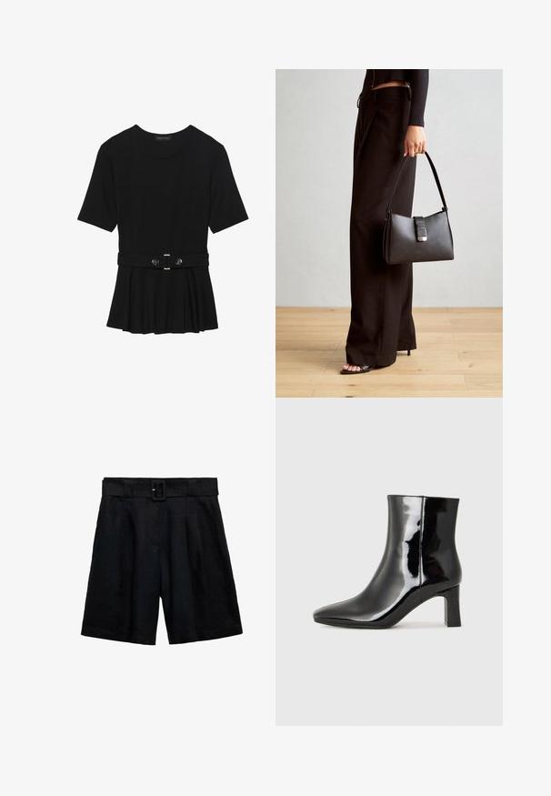Top corto nero a maniche corte realizzato in materiale liscio, con design peplum e vita cintata adornata da due bottoni tondi in tono argento.; Pantaloni shorts neri in lino con una vestibilità ampia, dotati di una vita con cintura, pieghe e due tasche laterali. Texture liscia con un colore solido.; Stivaletto in pelle verniciata nera con punta a punta e tacco a blocco di altezza media. Texture liscia e design minimalista.; Borsa nera con forma strutturata, texture liscia e una chiusura metallica. Abbinata a pantaloni neri larghi e sandali open-toe su un pavimento in legno.