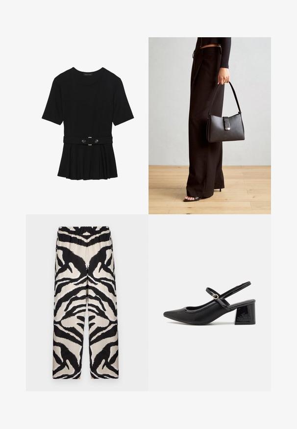 Černé krátké tričko vyrobené z hladkého materiálu, s peplum designem a opaskem v pase, ozdobené dvěma kulatými, stříbrnými knoflíky.; Černobílé široké kalhoty s elastickým pasem, zdobené odvážným zebrovaným vzorem na hladkém materiálu.; Černé lakované lodičky s otevřenou patou, špičatou špičkou, zaobleným střihem a blokovým podpatkem. Zdobené akcentem v zlatém tónu.; Černá kabelka se strukturovaným tvarem, hladkým povrchem a kovovým uzávěrem. Kombinována s širokými černými kalhotami a sandály s otevřenou špičkou na dřevěné podlaze.