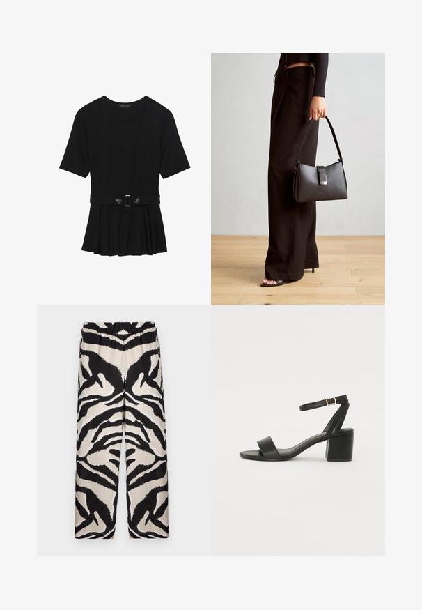 Melnas īsām piedurknēm topiņš, izgatavots no gludas materiāla, ar pepluma dizainu un jostu ar divām apaļām sudraba krāsas pogām.; Melnās un bēšās rakstainās platās bikses ar elastīgu jostu, kurām ir izteikta zebras svītru dizaina izskats gludā audumā.; Melnas papēžu sērijas sandales ar gludu ādas virsmojumu, atvērtu pirkstu, platām priekšējām siksnām un regulējamu potītes siksnu ar zelta sprādzi.; Melnā somiņa ar strukturētu formu, gludu tekstūru un metālu sprādzi. Saskaņota ar platām melnām biksēm un sandālēm ar atvērtu purngalu uz koka grīdas.