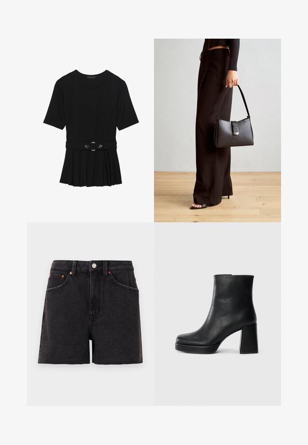 Svart kortärmad topp i slätt material med peplumdesign och bälte i midjan, prydd med två runda knappar i silverfärg.; Svarta jeansshorts med hög midja, framfickor, kopparnitar och knappstängning. Har en slät struktur och rak ben-design.; Svart läderankelboot med blockklack och platåsula, sedd från sidan på en enkel vit bakgrund.; Svart handväska med strukturerad form, slät yta och metallspänne. Matchad med vida svarta byxor och sandaler med öppen tå på trägolv.