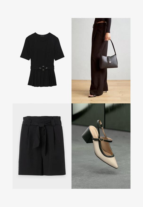 Juodas trumpomis rankovėmis viršus, pagamintas iš lygaus audinio, su peplum dizainu ir su diržu juosmenyje, papuoštas dviem apvaliomis sidabro spalvos mygtukais.; Juodi pritaikyti šortai su aukštu liemeniu, su surišama juosta, klostėmis ir lygia audinio tekstūra.; Šviesiai rudos suknelės bateliai su juodu apvadu, auksine sagtimi ir masyviu blokiniu kulnu, stovintys ant pilkos grindų su tamsiai žalia fonu.; Juodas rankinė struktūrizuota forma, lygi tekstūra ir metalinis užsegimas. Suporuota su plačiomis juodomis kelnėmis ir atvirais bateliais ant medinių grindų.