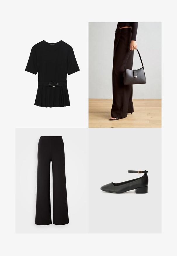 Μαύρη κοντομάνικη μπλούζα από λεία ύφανση, με σχέδιο peplum και ζωνάκι στη μέση, διακοσμημένο με δύο στρογγυρά, ασημί κουμπιά.; Μαύροι παντελόνες με φαρδιά πόδια, κατασκευασμένοι από μαλακό ύφασμα με λεία υφή και ελαστική μέση, παρουσιάζοντας έναν απλό σχεδιασμό χωρίς ορατούς μηχανισμούς κλεισίματος.; Μαύρο δερμάτινο τακούνι με μυτερή μύτη και χαμηλό τετράγωνο τακούνι. Διαθέτει λουράκι στον αστράγαλο με χρυσό τόνο πόρπη. Λείο υφή.; Μαύρη τσάντα χειρός με δομημένο σχήμα, λεία υφή και μεταλλικό κούμπωμα. Συνδυασμένη με φαρδιά μαύρα παντελόνια και σανδάλια ανοιχτής μύτης πάνω σε ξύλινο πάτωμα.