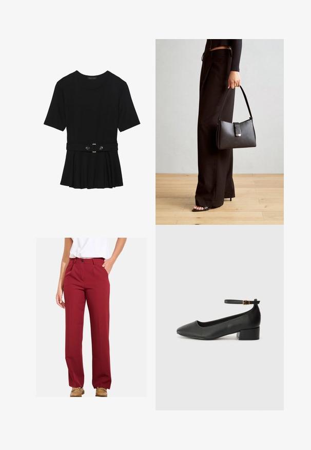 Črn kratek rokav srajca iz gladkega materiala, z obliko pepluma in pasom s pasom ter dvema okroglega srebrno-toniranima gumboma.; Bordo hlače s ravnim krojem, z gumbom za zapiranje in stranskimi žepi, narejene iz gladkega blaga z minimalno teksturo.; Črne usnjene pumpice z nazobčanimi prsti in nizko blokasto peto. Imajo trak okoli gležnja z zaponko v zlatem tonu. Gladka tekstura.; Črna torbica z strukturirano obliko, gladko teksturo in kovinskim zaponko. Ujemajo se z širokimi črnimi hlačami in odprtimi sandali na lesenem tleh.