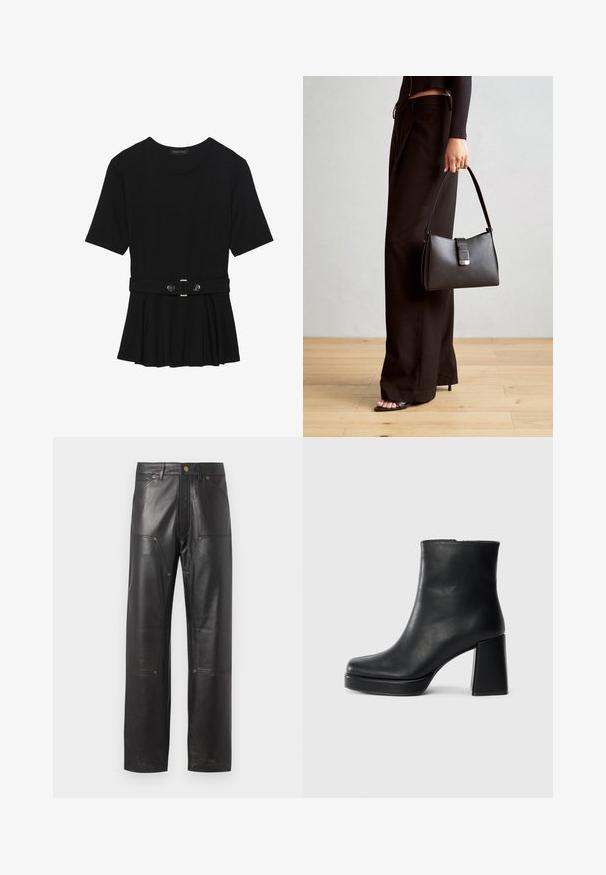 Black short-sleeve top made of smooth material, featuring a peplum design and a belted waist with two round, silver-tone buttons.; Black leather pants with a straight cut, featuring prominent seams, four pockets, and copper-colored hardware details. Smooth texture.; Black leather ankle boot with a block heel and platform sole, viewed from the side on a plain white background.; Black handbag with structured shape, smooth texture, and a metallic clasp. Paired with wide black pants and open-toe sandals on wooden floor.