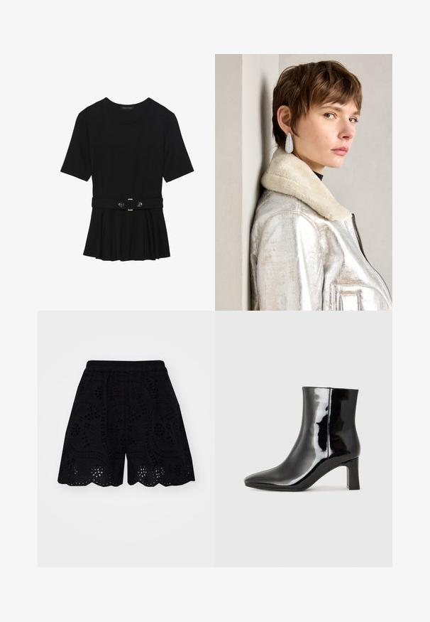 Crna majica kratkih rukava od glatkog materijala, s peplum dizajnom i pojasom s dva okrugla srebrna dugmeta.; Crne šortse s složenim izvezenim izrezanim uzorcima, valovitim rubom i elastičnom strukom za udobnost.; Crne lakirane kožne gležnjače s šiljastim prstom i srednje visokom blok petom. Glatka tekstura i minimalistički dizajn.; Srebrna metalik kožna jakna s ovčjim krznom, koja ima zatvaranje na patentni zatvarač i teksturiranu površinu. Velike naušnice u obliku suze s prozirnim draguljima.