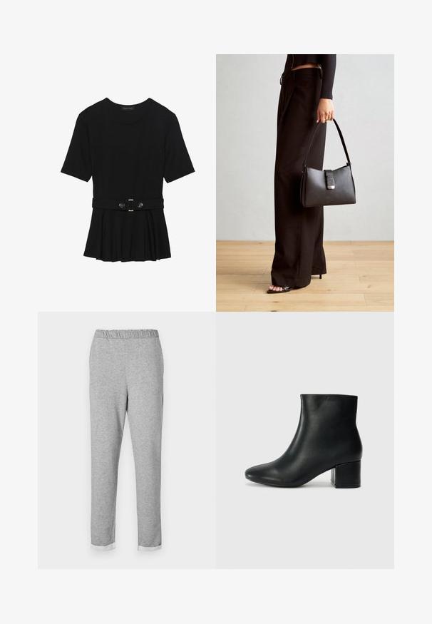 Sort kortærmet top lavet af glat materiale, med en peplum-design og en bælte i taljen med to runde, sølvfarvede knapper.; Grå sweats med elastisk talje, tapered ben design og foldet manchet ved kanten. Blød tekstur uden synlige mønstre eller accenter.; Sorte læder ankelstøvler med spids tå og en kraftig hæl. Glat tekstur med minimale detaljer og et slankt, tætsiddende design.; Sort håndtaske med struktureret form, glat overflade og metalspænde. Sammen med brede sorte bukser og sandaler med åben tå på trægulv.