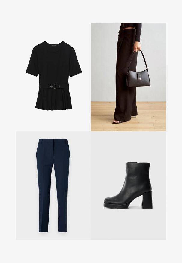 Must mustriga lühikeste varrukatega tipp, valmistatud siledast materjalist, millel on peplum-disain ja vöödiga talje, millel on kaks ümmargust, hõbedase tooni nuppu.; Merevetorööd, mis on valmistatud siledast kangast, lapikust esiosast, vöökummide ja peene külgdetailiga vöökohal. Kohandatud lõige.; Must musta ankle boot, milleplokk-konts ja platvormi tallaga, vaadatud küljelt ühetoonilise valge tausta peal.; Must musta kott, millel on struktureeritud kuju, sile tekstuur ja metallist klamber. Kombineeritud laiate mustade pükstega ja avatud varvaste sandaalidega puidust põrandal.