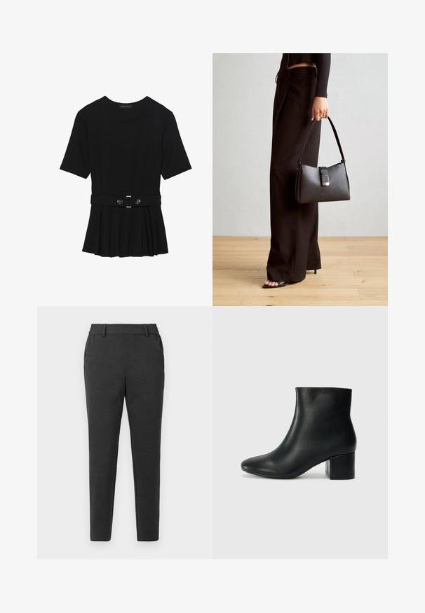Black short-sleeve top made of smooth material, featuring a peplum design and a belted waist with two round, silver-tone buttons.; Dark gray slim-fit trousers with belt loops, side pockets, and a tapered leg design on a plain light background.; Black leather ankle boots with a pointed toe and a chunky heel. Smooth texture with minimal accents and a sleek, fitted design.; Black handbag with structured shape, smooth texture, and a metallic clasp. Paired with wide black pants and open-toe sandals on wooden floor.