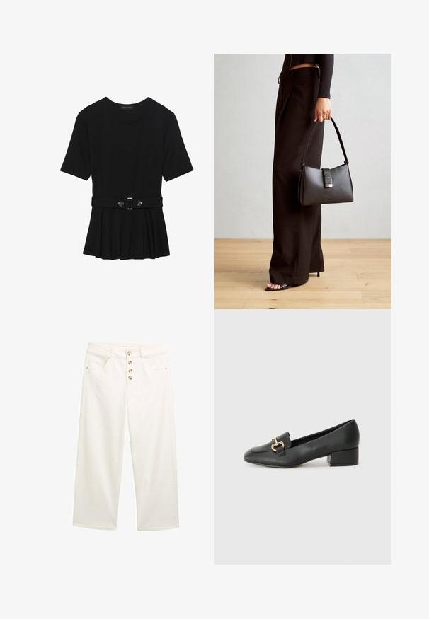 Črn kratek rokav srajca iz gladkega materiala, z obliko pepluma in pasom s pasom ter dvema okroglega srebrno-toniranima gumboma.; Beli široki traper hlače z odločnimi gumbi, sprednjimi žepi in gladko teksturo. Naravne nogavice s čistimi robovi in subtilnimi šivi.; Črne usnjene loafersice s ravnim petkom, ki imajo dekorativen zlat detajl spredaj in gladko teksturo.; Črna torbica z strukturirano obliko, gladko teksturo in kovinskim zaponko. Ujemajo se z širokimi črnimi hlačami in odprtimi sandali na lesenem tleh.