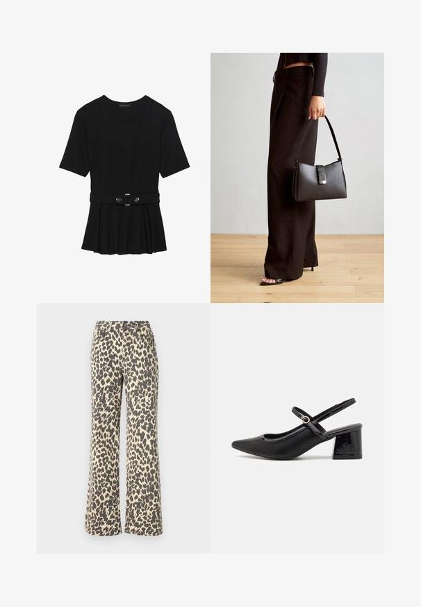 Must mustriga lühikeste varrukatega tipp, valmistatud siledast materjalist, millel on peplum-disain ja vöödiga talje, millel on kaks ümmargust, hõbedase tooni nuppu.; Leopardimustriga teksapüksid kõrge vöökohaga, heleda tanitausta ja tumedate pruuni laikudega; flared jalgadega disain; tugev kangas pehme tekstuuriga.; Mustad läikivad nahast slingback-kõrged kontsad, millel on terav nina, ümar lõikekujundus ja blokknina. Omab kuldset nupu aktsenti.; Must musta kott, millel on struktureeritud kuju, sile tekstuur ja metallist klamber. Kombineeritud laiate mustade pükstega ja avatud varvaste sandaalidega puidust põrandal.