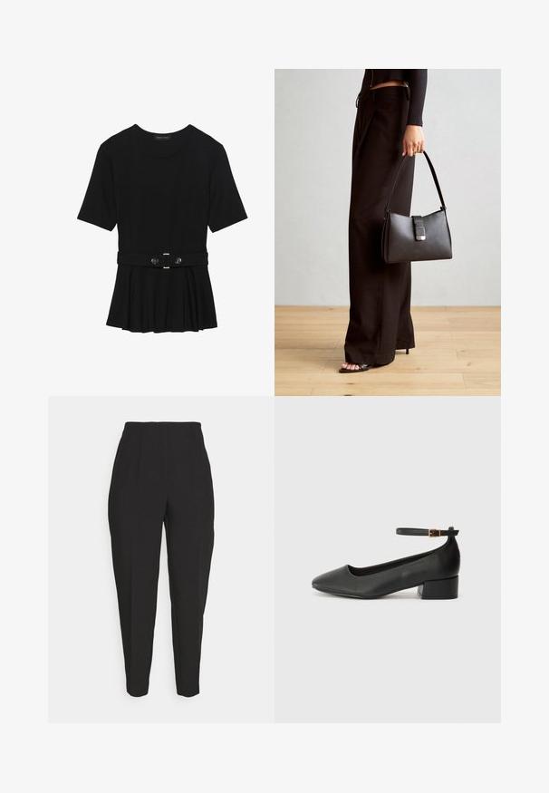 Černé krátké tričko vyrobené z hladkého materiálu, s peplum designem a opaskem v pase, ozdobené dvěma kulatými, stříbrnými knoflíky.; Černé kalhoty na míru mají vysoký pas, přední puky, zúžené nohavice a hladkou strukturu. Jsou vyrobeny z lehkého materiálu a nemají viditelné zapínání.; Černé kožené lodičky s špičatou špičkou a nízkým blokovým podpatkem. Obsahují pásek kolem kotníku se zlatou sponou. Hladký povrch.; Černá kabelka se strukturovaným tvarem, hladkým povrchem a kovovým uzávěrem. Kombinována s širokými černými kalhotami a sandály s otevřenou špičkou na dřevěné podlaze.