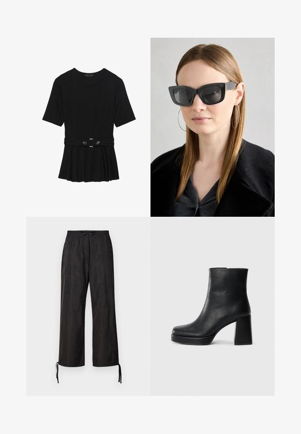 Black short-sleeve top made of smooth material, featuring a peplum design and a belted waist with two round, silver-tone buttons.; Black, loose-fitting pants with an elastic waistband and adjustable drawstrings at the ankles. Smooth fabric with a subtle sheen.; Black leather ankle boot with a block heel and platform sole, viewed from the side on a plain white background.; Black cat-eye sunglasses with dark lenses, thick frames, and subtle accents. Worn with a black coat and gray top, featuring long straight hair.