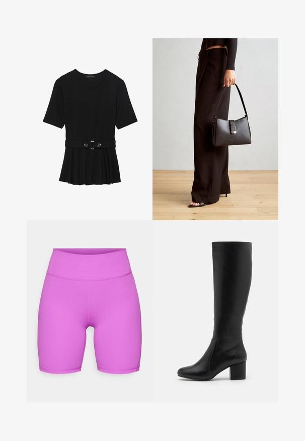 Must mustriga lühikeste varrukatega tipp, valmistatud siledast materjalist, millel on peplum-disain ja vöödiga talje, millel on kaks ümmargust, hõbedase tooni nuppu.; adidas Performance ALL ME ESSENTIALS SHORT LEGGINGS - Retuusid - purple burst; Knee-high mustad nahkkingad, millel on sile tekstuur, ümar varvas, külgpaneel ja paks block-tala.; Must musta kott, millel on struktureeritud kuju, sile tekstuur ja metallist klamber. Kombineeritud laiate mustade pükstega ja avatud varvaste sandaalidega puidust põrandal.