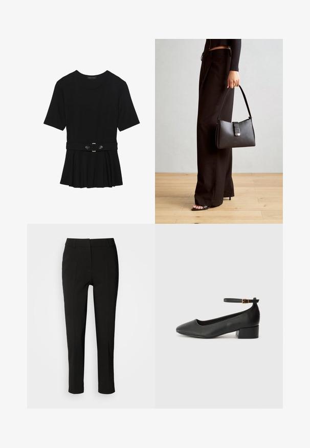 Sort kortærmet top lavet af glat materiale, med en peplum-design og en bælte i taljen med to runde, sølvfarvede knapper.; Sorte skræddersyede bukser med slim fit, flad front og uden synlige lommer, med en glat tekstur og en ren finish ved kanten.; Sorte læderpumper med spids tå og en lav blokhæl. Har en ankelrem med en guldfarvet spænde. Glat tekstur.; Sort håndtaske med struktureret form, glat overflade og metalspænde. Sammen med brede sorte bukser og sandaler med åben tå på trægulv.