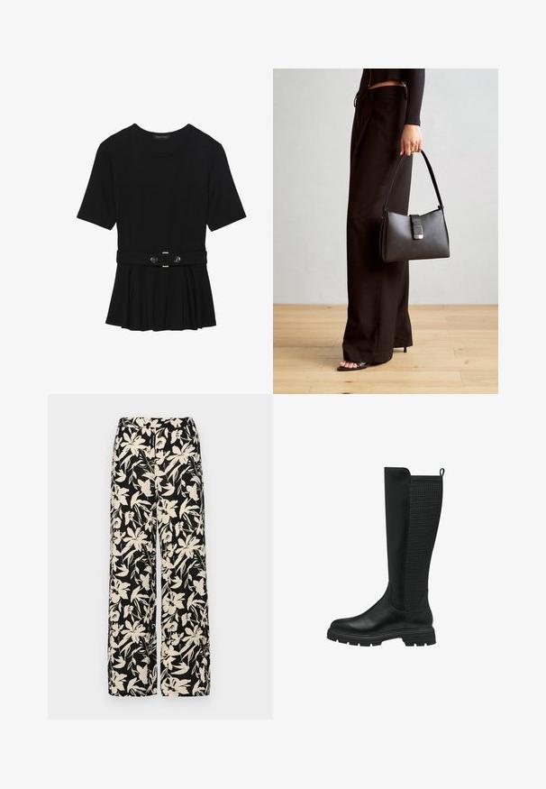 Haut noir à manches courtes fabriqué en matériau lisse, avec un design peplum et une taille ceinturée ornée de deux boutons ronds en métal argenté.; Pantalon large noir avec un motif floral crème. Fabriqué en tissu léger, il présente une texture lisse et une taille haute.; Botte noire hauteur genou avec un devant en cuir lisse et un panneau en maille texturée à l'arrière, dotée d'une semelle en caoutchouc et d'une languette pour un enfilage facile.; Sac à main noir à la forme structurée, texture lisse et fermoir métallique. Associé à un pantalon noir ample et des sandales ouvertes sur un sol en bois.
