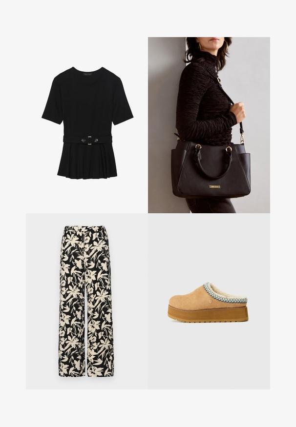 Black short-sleeve top made of smooth material, featuring a peplum design and a belted waist with two round, silver-tone buttons.; Black wide-leg pants with a cream floral pattern. Made of lightweight fabric, featuring a smooth texture and a high waistband.; Tan slip-on clog with a textured suede upper, a plush lining, and a colorful woven accent around the collar. Thick platform sole.; Black handbag with textured surface, dual top handles, and adjustable shoulder strap. Features gold-tone hardware and side pockets.