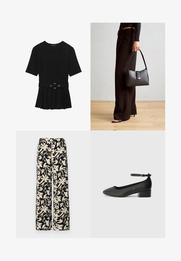 Haut noir à manches courtes fabriqué en matériau lisse, avec un design peplum et une taille ceinturée ornée de deux boutons ronds en métal argenté.; Pantalon large noir avec un motif floral crème. Fabriqué en tissu léger, il présente une texture lisse et une taille haute.; Escarpin en cuir noir avec un bout pointu et un petit talon bloc. Doté d'une bride de cheville avec une boucle dorée. Texture lisse.; Sac à main noir à la forme structurée, texture lisse et fermoir métallique. Associé à un pantalon noir ample et des sandales ouvertes sur un sol en bois.