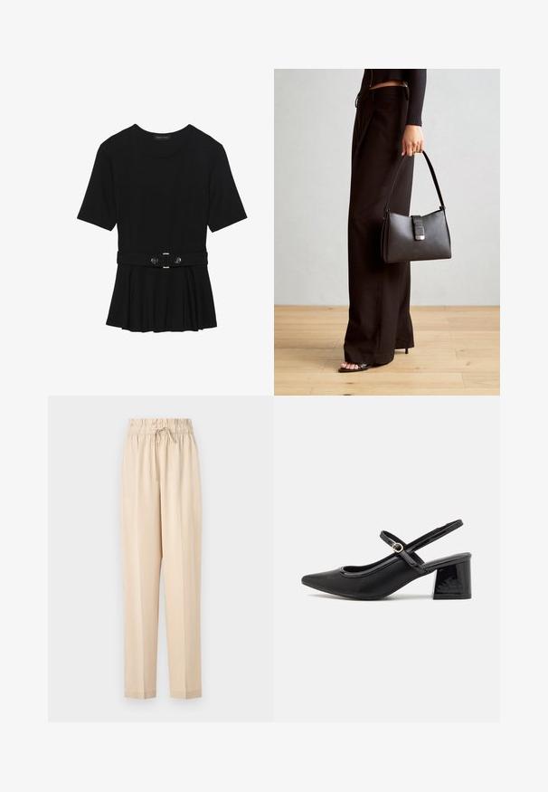 Top negru cu mâneci scurte, realizat dintr-un material neted, cu un design peplum și o talie beltată cu două butoane rotunde de culoare argintie.; Pantaloni bej, ușori, cu un talie elastică, detaliu cu șnur și design cu picior dreapt. Textură netedă, stil minimalist.; Cizme cu toc slingback din piele sintetică lacuită neagră, cu vârful ascuțit, un design cu decupaj rotunjit și toc bloc. Include un accent cu cataramă de culoare aurie.; Genți negre cu o formă structurată, textură netedă și un închizător metalic. Asortată cu pantaloni negri largi și sandale cu vârf deschis pe un podea din lemn.