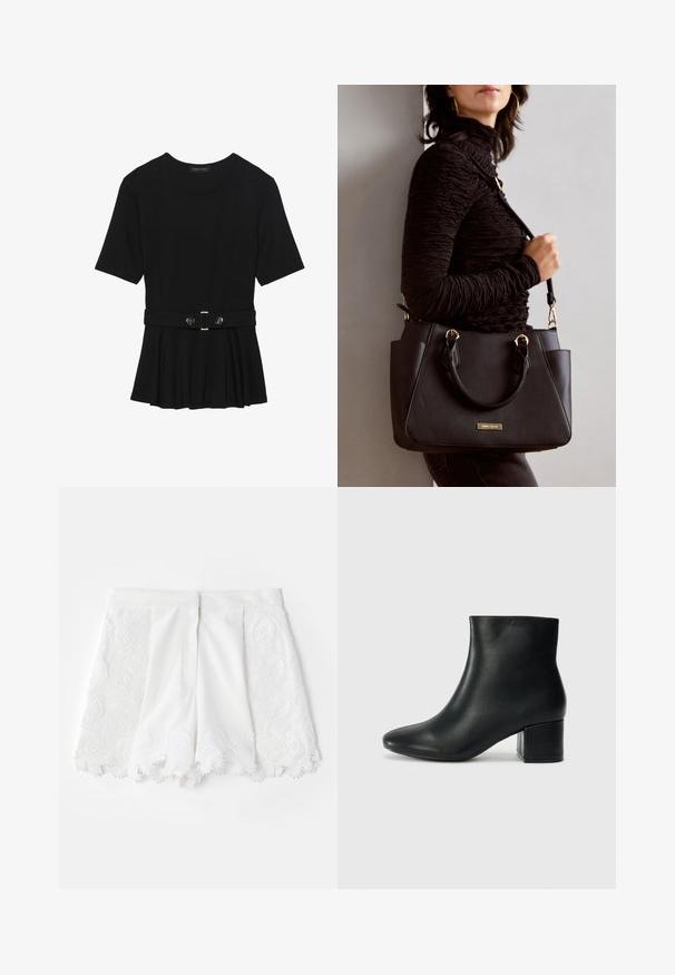 Musta lyhythihainen paita, joka on valmistettu sileästä materiaalista ja jossa on peplum-muotoilu sekä vyötäröllä vyö, jossa on kaksi pyöreää hopeanväristä nappia.; Valkoiset shortsit, joissa on hapsutettu kirjailtua kuviointia sivuilla ja aaltoileva helma. Sileä kangas koristeellisilla helminyytteillä.; Musta nahkasaappaat nilkkapituudella, jossa on terävä kärki ja paksu korko. Silkkinen pinta, jossa on minimaaliset yksityiskohdat ja tyylikäs, istuva muotoilu.; Musta käsilaukku, jossa on teksturoitu pinta, kaksi yläkantta ja säädettävä olkahihna. Varustettu kultasävyisillä varusteilla ja sivutaskuilla.