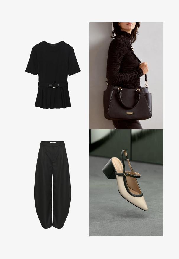 Svart kortärmad topp i slätt material med peplumdesign och bälte i midjan, prydd med två runda knappar i silverfärg.; Svarta höga vida byxor med veck, bälteshällor och dold framknäppning, designade av Gestuz.; Beige slingback-sko med hög klack, spetsig tå, svart kant och spänndetalj. Slätt material med matt finish, medelhög klossklack.; Svart handväska med texturerad yta, dubbla handtag upptill och justerbar axelrem. Utrustad med detaljer i guld och sidofickor.