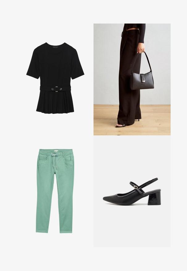 Juodas trumpomis rankovėmis viršus, pagamintas iš lygaus audinio, su peplum dizainu ir su diržu juosmenyje, papuoštas dviem apvaliomis sidabro spalvos mygtukais.; Mėtų žalios spalvos kelnės, pagamintos iš minkštos medžiagos, turinčios raištelių liemenį, dvi priekinės kišenės ir subtilius siuvinėjimo akcentus šoniniuose siūlėse.; Juodi patentinio odos slingback aukštakulniai su smailiu pirštu, apvaliu išpjovimu ir blokiniu kulnu. Papuošti auksiniu juostos akcentu.; Juodas rankinė struktūrizuota forma, lygi tekstūra ir metalinis užsegimas. Suporuota su plačiomis juodomis kelnėmis ir atvirais bateliais ant medinių grindų.