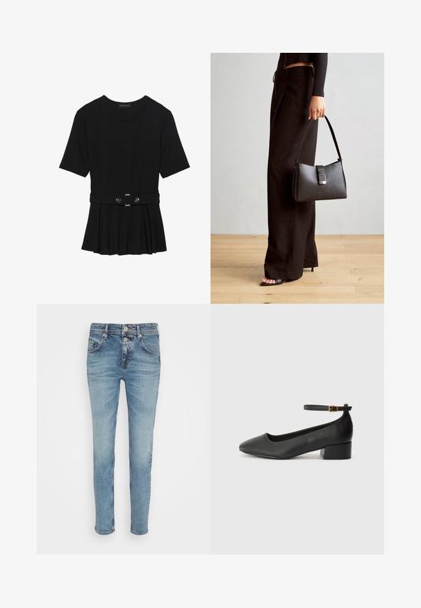 Czarna bluzka krótki rękaw wykonana z gładkiego materiału, z fasonem peplum i paskiem w talii z dwoma okrągłymi, srebrnymi guzikami.; Jasnoniebieskie dżinsy o slim fit, z pięcioma kieszeniami i zapinane na guzik. Zniszczone akcenty wzdłuż ud podkreślają teksturę.; Czarne skórzane szpilki z ostrym noskiem i niskim słupkowym obcasem. Wyposażone w pasek na kostkę z złotym zapięciem. Gładka tekstura.; Czarna torebka o usztywnionym kształcie, gładkiej fakturze i metalowym zapięciem. Połączona z szerokimi czarnymi spodniami i sandałami na otwartym palcu na drewnianej podłodze.