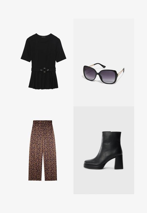 Schwarzes Kurzarmoberteil aus glattem Material, mit einem Peplum-Design und einem taillierten Bund, der mit zwei runden, silberfarbenen Knöpfen ausgestattet ist.; Braun gemusterte weit geschnittene Hose mit geometrischem Druck in dunkleren Farbtönen. Elastischer Bund, glatte Textur und cropped Länge.; Schwarze Leder-Stiefelette mit Blockabsatz und Plattformsohle, seitlich auf einem schlichten weißen Hintergrund betrachtet.; Schwarze übergroße Sonnenbrille mit getönten Gläsern, dicken Rahmen und goldfarbener Kettendetaillierung an den Bügeln.