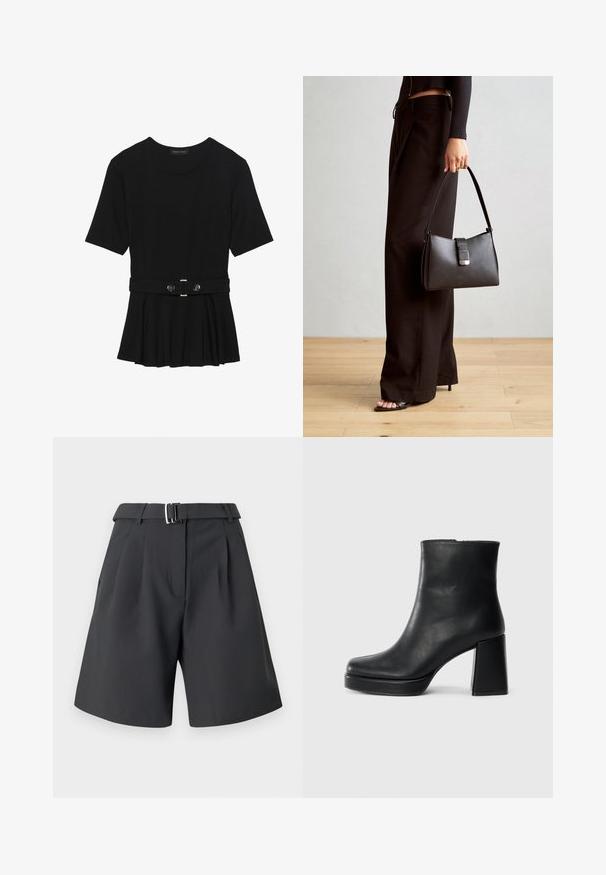 Svart kortermet topp laget av glatt materiale, med en peplum-design og en belted midje med to runde knapper i sølvfarge.; Mørkegrå shorts laget av glatt stoff, med en plissért front, en definert midje med metallspenne og sidelommer.; Sorte skinnankelsko med blokkhæl og plattformsåle, sett fra siden på en enkel hvit bakgrunn.; Svart håndveske med strukturert form, jevn tekstur og metallisk lås. Kombinert med brede svarte bukser og sandaler med åpen tå på tregulv.