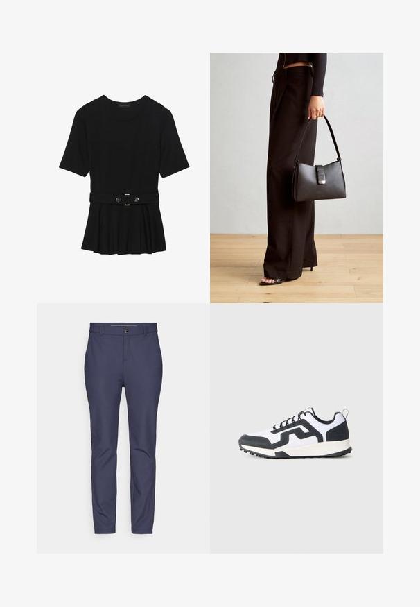 Musta lyhythihainen paita, joka on valmistettu sileästä materiaalista ja jossa on peplum-muotoilu sekä vyötäröllä vyö, jossa on kaksi pyöreää hopeanväristä nappia.; Tummansinisiä housuja, jotka on valmistettu joustavasta kankaasta, jossa on sileä pinta. Housuissa on tavallinen vyötärö, nappikiinnitys ja kapenevat lahkeet.; Valkoiset ja mustat matalat tennarit, joissa on kuvioitu kumipohja ja siksak-muotokuvio kyljessä, esitetty ulkopuolelta yksinkertaisella taustalla.; Musta käsilaukku, jossa on rakenteellinen muoto, sileä pinta ja metallinen solki. Yhdistetty leveisiin mustiin housuihin ja avonaiheisiin sandaaleihin puulattialla.