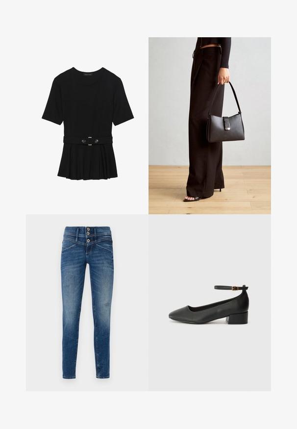 Zwart топ met korte mouwen van glad materiaal, voorzien van een peplum ontwerp en een riem in de taille met twee ronde, zilverkleurige knopen.; Skinny jeans in donkerblauwe denim met een vervaagde afwerking, voorzien van een hoge taille, met een sluiting met twee knopen en gescheurde details op de benen.; Zwarte leren pump met een spitse neus en een lage blokhak. Beschikt over een enkelband met een goudkleurige gespsluiting. Gladde textuur.; Zwarte handtas met gestructureerde vorm, gladde textuur en een metalen sluiting. Gecombineerd met brede zwarte broeken en sandalen met open teen op een houten vloer.