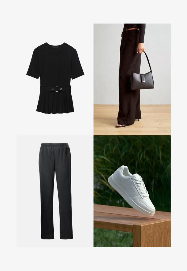 Zwart топ met korte mouwen van glad materiaal, voorzien van een peplum ontwerp en een riem in de taille met twee ronde, zilverkleurige knopen.; Zwarte sportbroek met een elastische tailleband, rechte pijpen en een subtiel logo-details aan de zijkant, gemaakt van een zachte, lichte stof.; Witte sneaker met een gladde synthetische bovenkant, geperforeerde neus, platte veters en een gestructureerde zool, tentoongesteld op een houten oppervlak.; Zwarte handtas met gestructureerde vorm, gladde textuur en een metalen sluiting. Gecombineerd met brede zwarte broeken en sandalen met open teen op een houten vloer.