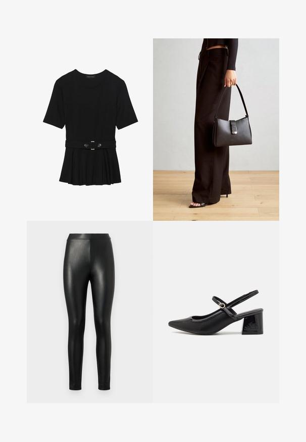Zwart топ met korte mouwen van glad materiaal, voorzien van een peplum ontwerp en een riem in de taille met twee ronde, zilverkleurige knopen.; Zwarte nep leren leggings met een gladde uitstraling, hoge tailleband en strakke pasvorm, ontworpen voor een gestroomlijnde silhouette.; Zwarte gepolijste leren slingback hakken met een spitse neus, een ronde uitsnede en een blokhak. Voorzien van een gouden gespaccent.; Zwarte handtas met gestructureerde vorm, gladde textuur en een metalen sluiting. Gecombineerd met brede zwarte broeken en sandalen met open teen op een houten vloer.