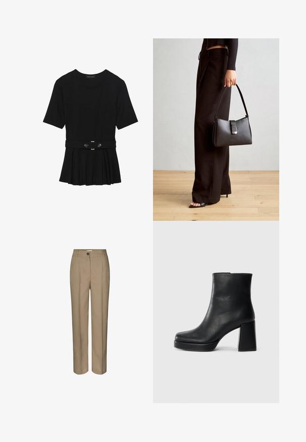 Melnas īsām piedurknēm topiņš, izgatavots no gludas materiāla, ar pepluma dizainu un jostu ar divām apaļām sudraba krāsas pogām.; Bēša pielāgotas bikses ar taisna piegriezuma dizainu, ar vienu pogu aizdari un gludām priekšējām krokām. Izgatavotas no gludas auduma.; Melna ādas potīšu zābaku ar bloku papēdi un platformas zoli, skatīts no sāna uz vienkārša balta fona.; Melnā somiņa ar strukturētu formu, gludu tekstūru un metālu sprādzi. Saskaņota ar platām melnām biksēm un sandālēm ar atvērtu purngalu uz koka grīdas.