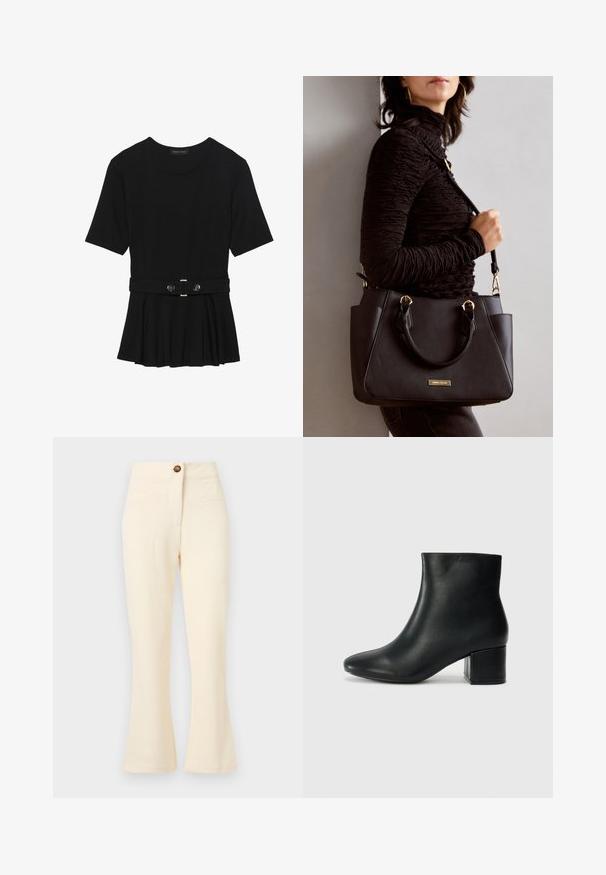 Top preto de mangas curtas, feito de material suave, com design peplum e uma cintura cinto com dois botões redondos em tom prateado.; Calças flare de cor creme com um tecido texturizado, bolsos frontais e um único botão castanho na cintura.; Botas de tornozelo em pele preta com bico pontiagudo e um salto robusto. Textura suave com acentos mínimos e um design ajustado e elegante.; Bolsa preta com superfície texturizada, alças superiores duplas e alça de ombro ajustável. Apresenta ferragens em tom dourado e bolsos laterais.